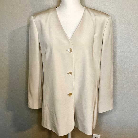 Talbots petites 100% silk 3 button collarless cream color lined blazer size 16P - Picture 1 of 12